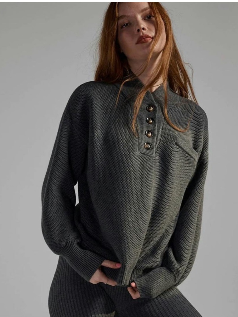 LUNYA L/XL Charcoal Knit Shawl Collar Chunky Sweater Organic Cotton Silk Pocket